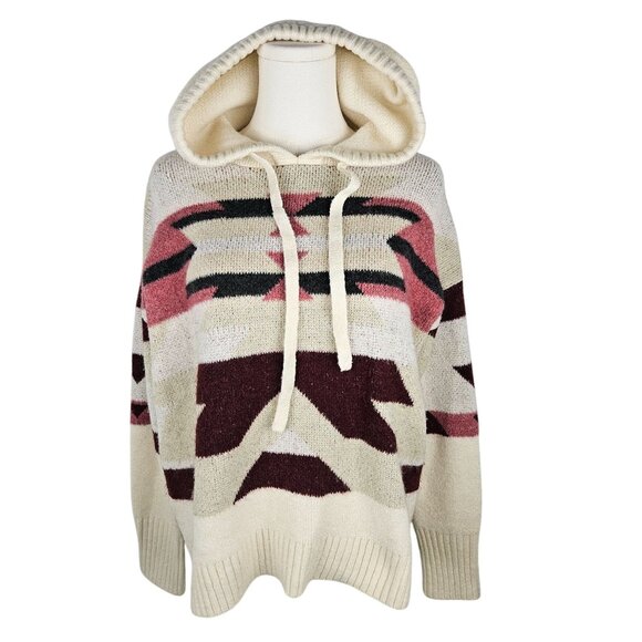 Lou & Grey Slopeside Aztec Hoodie Sweater Small Ivory Burgundy SW Boho - Picture 3 of 9